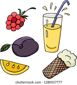 Set fruit and dessert. Lemon, plum, raspberry, lemonade and ice cream. Vector illustration.