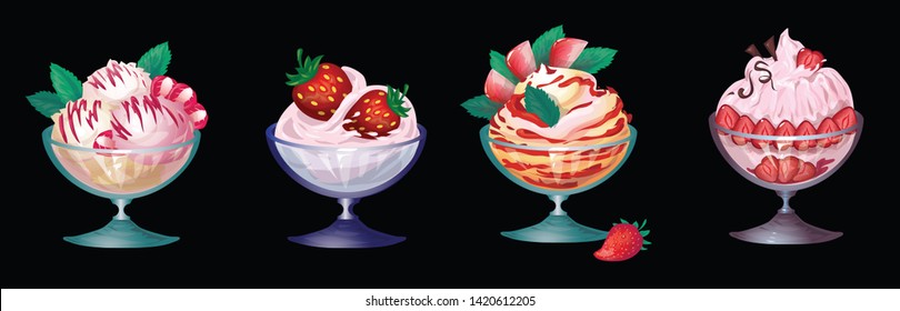 A set of fruit desserts in a glass wine glass. . Strawberries with ice cream. Isolated image on black background. Vector graphics.