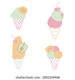 Set of fruit desserts ice creams. Design for T-shirt, textile and prints. Hand drawn vector illustration for decor and design.
