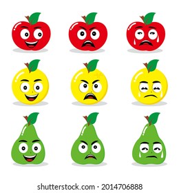Conjunto de frutas con diferentes expresiones faciales, vectores de caracteres de frutas