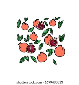 Set of fruit doodle design elements. Hand drawn decoration collection. Pomegranate and leaves. Summer background.