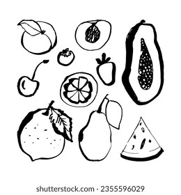Set von Fruchtdoodle-Skizze Symbol. Papaya, Pfirsich, Kirschen, Wassermelonen, Birnen, Erdbeeren, Orange, Blaubeere 