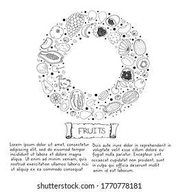 Set with fruit.  Doodle style. Kiwi, grapes, pomegranates, currants on a white background. Apples, pears, cherries, apricots, watermelons, melons. Vector isolated illustration with tropical fruits.