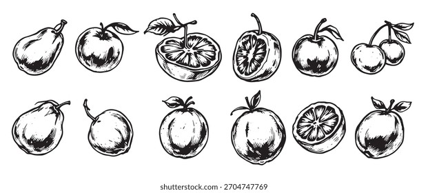 Conjunto de frutas dibujadas en tinta negra 