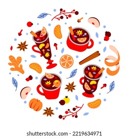A set of fruit drinks with spices. Winter seasonal hot drinks with fruit. Mulled wine in a mug
