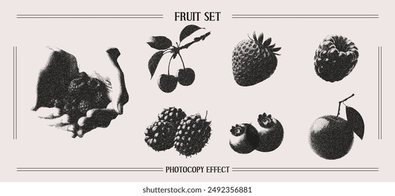 A set of fruit elements with a retro photocopy effect. Vector illustration of strawberries, blueberries, raspberries in halftone tones for collage design. Vector illustration.