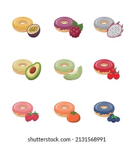 Set of fruit flavored donuts isolated on white background, delicious dessert, sweet icing dessert