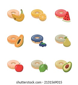 Set of fruit flavored donuts isolated on white background, delicious dessert, sweet icing dessert