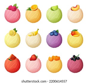 Set of fruit flavors ice-cream scoops vector icons isolated on white background, cartoon illustrations of ice cream balls collection, strawberry raspberry banana, orange peach lemon, blueberry