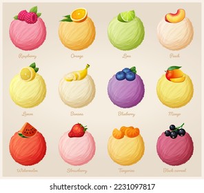 Set of fruit flavors ice-cream scoops vector icons, cartoon illustrations of ice cream balls collection, strawberry raspberry banana, orange peach lemon, blueberry watermelon lime