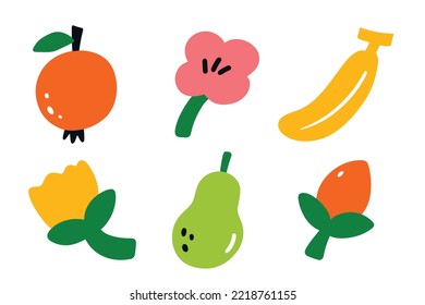 Conjunto de frutas y flores en un diseño de ilustración de estilo naif. Arte clip de diseño infantil a mano para elementos de diseño