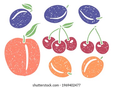 Set of fruit with grainy texture: cherry, plum, peach, and apricot