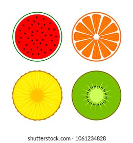 Set of fruit halves in circle on white. Slices of pineapple, kiwi, orange, watermelon. Vector icons.