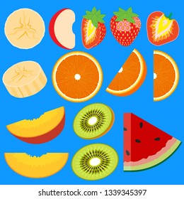 Set of fruit halves. Slices of apple, peach, kiwi, orange, banana, watermelon strawberry Vector icons eps