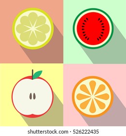 Set of fruit halves. Slices of apple, lemon, orange,lime, watermelon. Vector icons.

