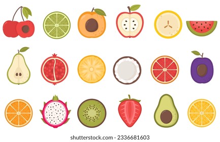 
Conjunto de mitades de fruta. Trozos de piña, manzana, melocotón, limón, kiwi, naranja, granada, plátano, pomelo, coco, lima, sandía, melón, fresa, cereza, lima, pera, coco, ciruela. 