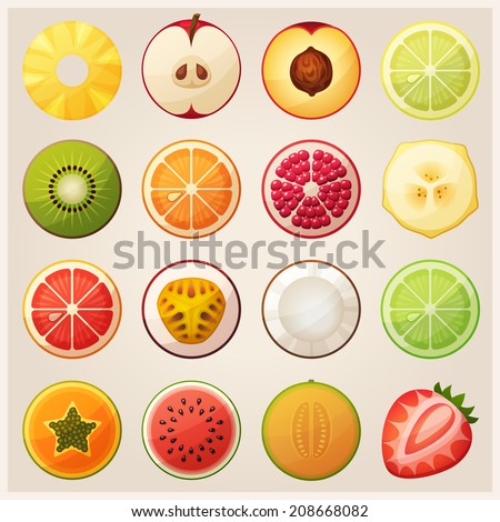 Set of fruit halves. Slices of pineapple, apple, peach, lemon, kiwi, orange, pomegranate, banana, grapefruit, passion fruit, coconut, lime, papaya, watermelon, melon, strawberry. Vector icons.