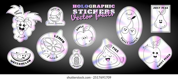 A set of fruit holographic stickers for tags, design layouts.A collection of vector fruits holographic stickers with a vivid effect. Bananas, apple, grapes, figs.