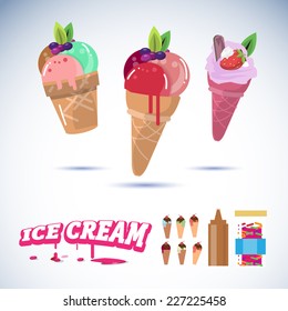 set of fruit ice cream cone - vector illustration