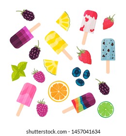 Set of fruit and ice cream elements. Flat vector illustration.
