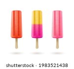 Set of fruit ice cream, frozen juice on wooden stick, fruity popsicle. Colorful cold summer dessert isolated on white background. Realistic 3d vector illustration