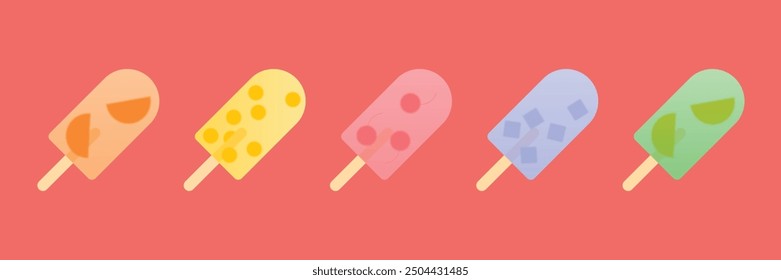 Set of fruit ice cream, frozen juice on wooden stick, fruity popsicle. Vector.