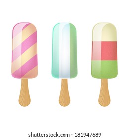 Set of fruit ice cream pops on wooden sticks. Colorful popsicles.