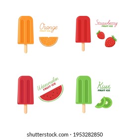 Set fruit ice. Strawberry, Orange, Watermelon and Kiwi popsicle on a stick. Lettering and picture