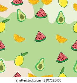 set of fruit icon. avocado, watermelon, lemon and orange fruits illustration on green background. hand drawn vector, seamless pattern. doodle art for wallpaper, wrapping paper and gift, textile,fabric