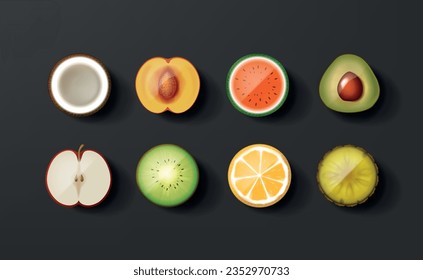 Set of fruit icon halves. Watermelon, lemon, apple, strawberry, peach, avocado, kiwi, orange. Icons.