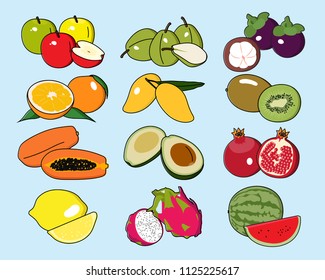Set of fruit icons: apple, orange, papaya, lemon, pear, mango, avocado, dragon fruit, mangosteen, kiwi, pomegranate, watermelon. Vector illustration