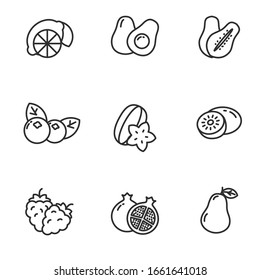 Conjunto de iconos de frutas en el diseño de la línea negra. Dibujo vectorial en blanco y negro aislado en fondo blanco 
