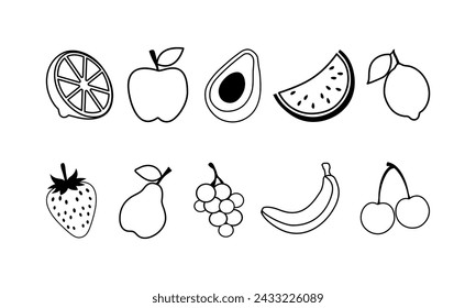 Conjunto de iconos de frutas en contorno negro sobre fondo blanco 