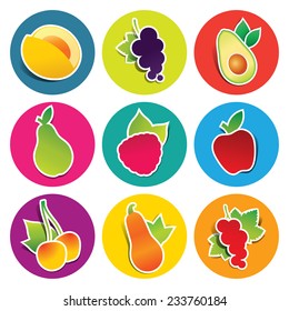 Conjunto de iconos de fruta en los círculos: manzana, aguacate, grosella, cereza, pera, calabaza, frambuesa. Ilustración vectorial.