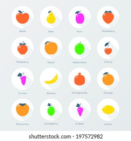 Set of fruit icons. Colored fruit silhouettes on white background.