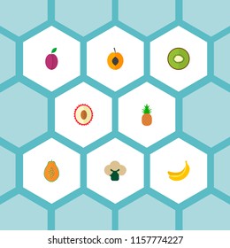 Set of fruit icons flat style symbols with cauliflower, plum, banana and other icons for your web mobile app logo design.