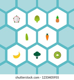 Set of fruit icons flat style symbols with dragon-fruit, banana, artichoke and other icons for your web mobile app logo design.