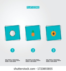 Set of fruit icons flat style symbols with apricot, dragon-fruit, pineapple and other icons for your web mobile app logo design.