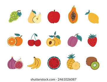 Set of fruit icons in flat style. Grape, pear, papaya, pineapple, kiwi. Collection of fruits, healthy food. Hand-drawn style, isolated white background. 