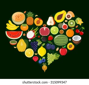 Set Of Fruit Icons Forming Heart Shape. Vegetarian Food Icons. Healthy Low Fat Food Preventing Cardiac Disease. Vector Illustration.
