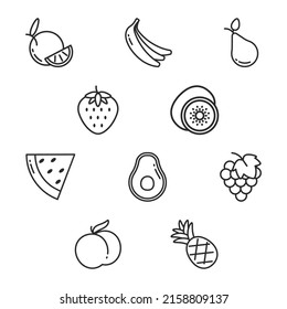 
Set of fruit icons. Healthy food line icons. Orange, banana, pear, strawberry, kiwi, watermelon, avocado, grape, peach, pineapple.