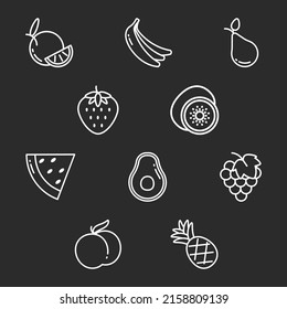Set of fruit icons. Healthy food line icons. Orange, banana, pear, strawberry, kiwi, watermelon, avocado, grape, peach, pineapple.

