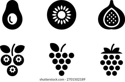 A set of fruit icons including avocado, kiwi, fig, blueberry, grape, and blackberry. Perfect for illustrating healthy eating, veganism, and organic food concepts.