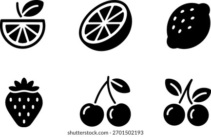 Un conjunto de iconos de frutas, incluyendo limón, naranja, fresa y cereza, aislados sobre un fondo blanco. Ilustración vectorial. Perfecto para diseños relacionados con la alimentación y la nutrición.