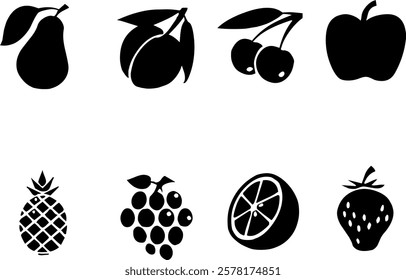 A set of fruit icons including a pineapple, orange, apple, pear, cherry, and plum