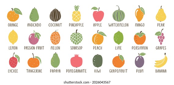 Set of fruit icons isolated on white background. Bright and juicy hand drawn sticker pack. Big vector flat collection