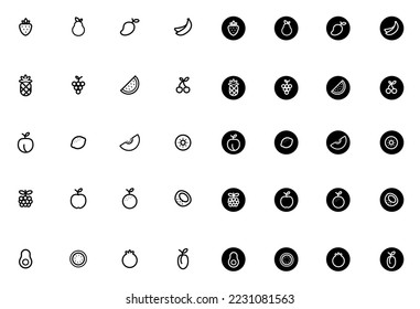 Set of fruit Icons. Isolated signs on white background and over black circle. Pack Vector pictogram set. UX infographics, web, apps or business presentation. Sign and symbol collection.