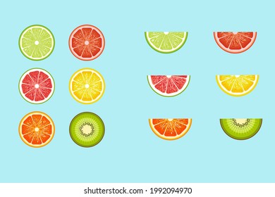 Set of fruit icons: lime, grapefruit, pomelo, lemon, orange, kiwi. Vector illustration of EPS 10.