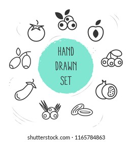 Set of fruit icons line style symbols with eggplant, peach, acAI berries and other icons for your web mobile app logo design.