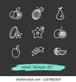 Set of fruit icons line style symbols with currant, pear, vanilla and other icons for your web mobile app logo design.